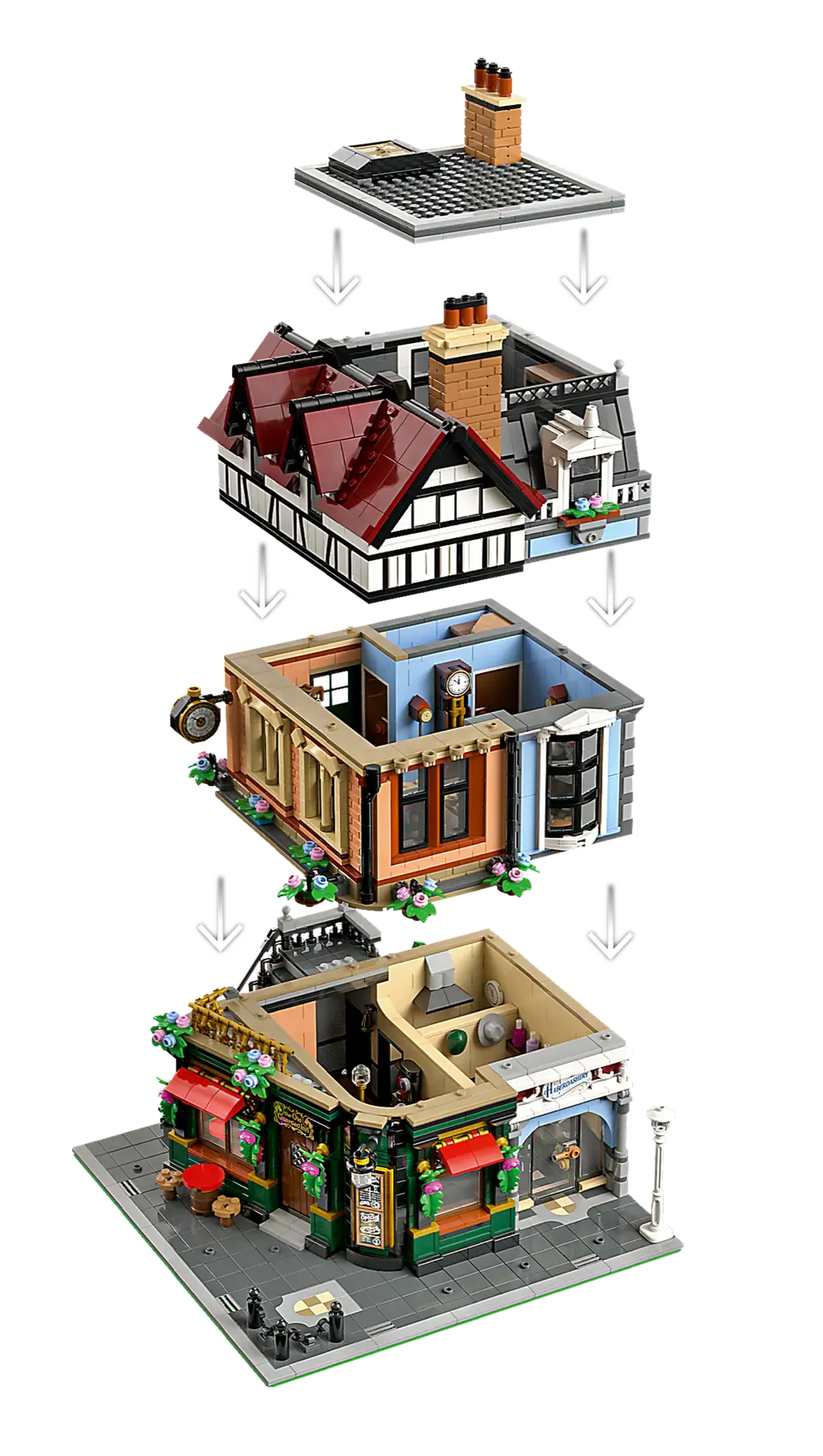 LEGO set 10350 – Hoekpand in tudorstijl uit de Lego Icons collectie, te huur in West- en Oost-Vlaanderen bij Brickset for You