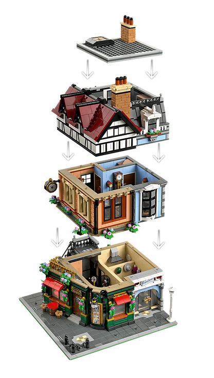 LEGO set 10350 – Hoekpand in tudorstijl uit de Lego Icons collectie, te huur in West- en Oost-Vlaanderen bij Brickset for You